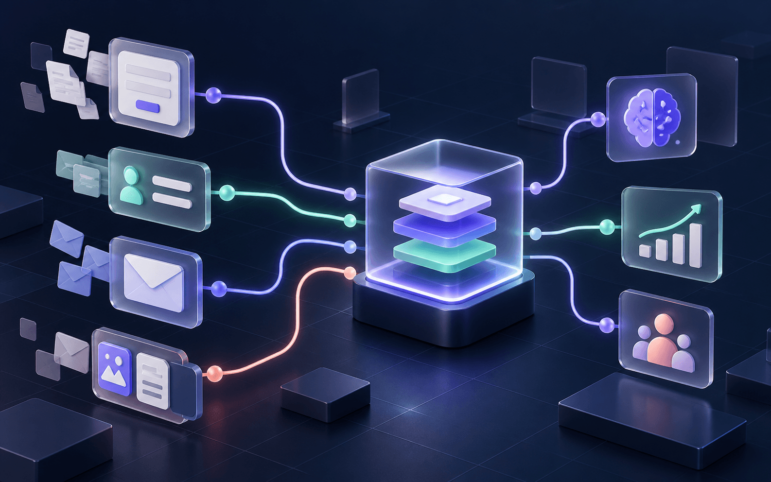 Connected workflow modules flowing through a central Scaling automation engine
